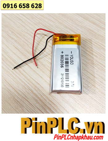 Pin sạc 3.7v Li-Polymer 802036, Pin sạc Li-Polymer 802036 lithium 3.7v 400mAh (Có sẳn mạch sạc)