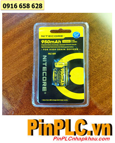 Nitecore NL169; Pin sạc 3.6v-3.7v 16340 Lithium Li-ion Nitecore NL169 (950mAh Nội trở 3.7Wh) chính hãng